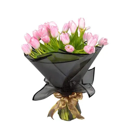 Bouquet of 30 pink tulips wrapped in black paper (Blooming Blush: 30 Pink Tulip Bouquet Dubai - Giftshop.ae)