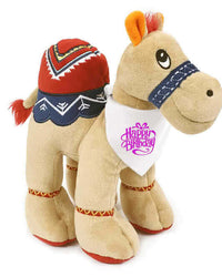 Adorable beige camel plush, 25cm tall, wearing a pink "Happy Birthday" bandana. Super soft and cuddly with recycled filling.