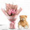 Person gifting the bouquet and teddy bear to a loved one, expressing affection on an anniversary or romantic occasion.