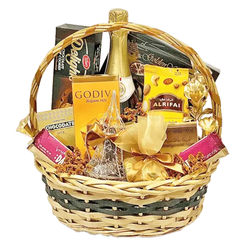 Eid Delight" Hamper: Beautifully wrapped cellophane box overflowing with treats.