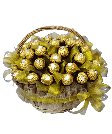 "Ferrero Rocher Chocolate Basket": Beautifully decorated basket overflowing with 48 Ferrero Rocher chocolates.
