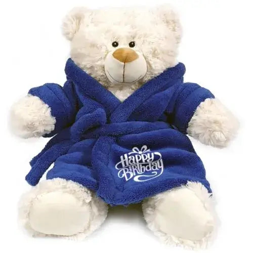 Cream-colored teddy bear wearing a blue or pink bathrobe with "Happy Birthday" embroidered (Birthday Teddy Bear Dubai - giftshop.ae)