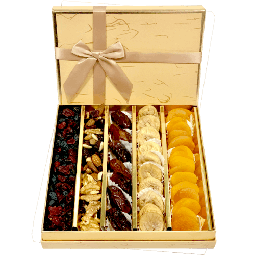"Ramadan Nourishment" Box: Cellophane-wrapped box overflowing with raisins, cranberries, mixed nuts, dates, figs, and apricots.