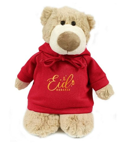Eid Mubarak Bear": Adorable light brown bear wearing a red hoodie with "Eid Mubarak" inscription.