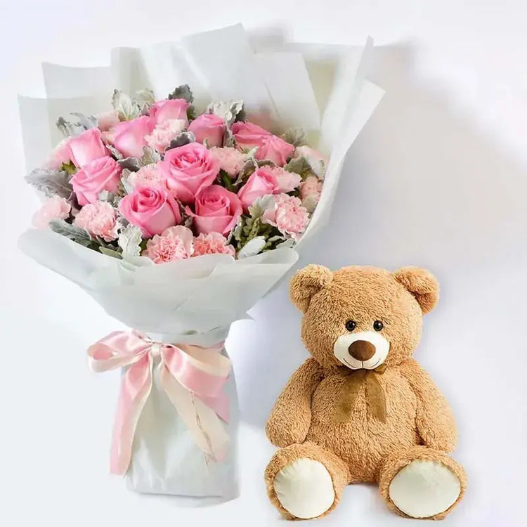 Hugs & Kisses: Pink Roses & Teddy Bear