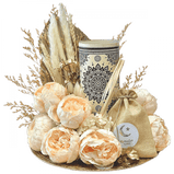 "Ramadan Serenity" Gift Set: Round plate adorned with a decorative candle platter, artificial peonies, dried flowers, and a jute bag with dates.