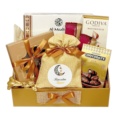 Ramadan Delights" Box: Gold-colored box adorned with ribbons, overflowing with dates, chocolates, Arabic sweets, and Simply Dates bars.