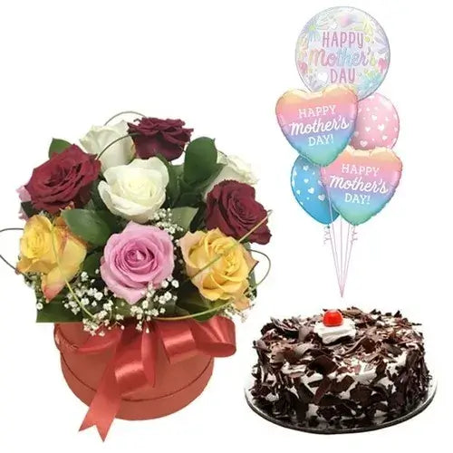 Red roses in a hat box, Black Forest cake, and pastel balloon bouquet.