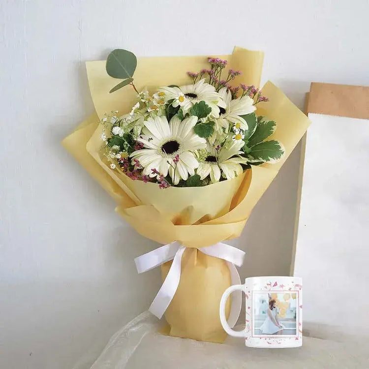 Celebrate Moments: Explore Elegant Serenity - Personalized Mug & White Bouquet