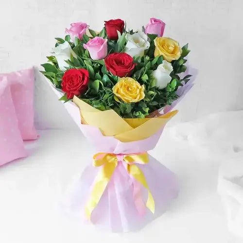Beautiful mix roses bouquet with a delicious fudge cake – perfect gift combo in UAE
