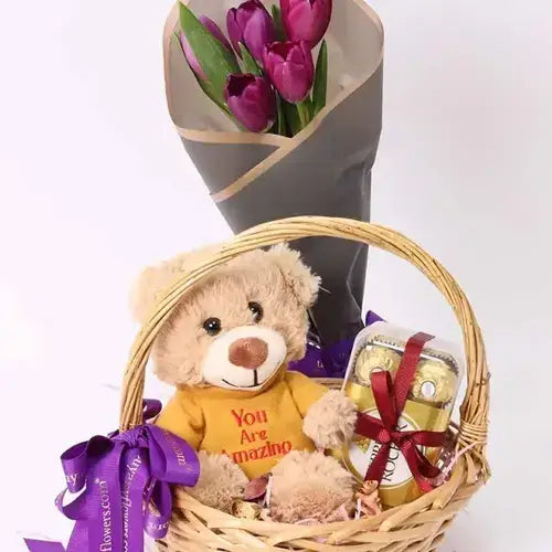 Gift Basket with Purple Tulips, Chocolates, and Soft Toy