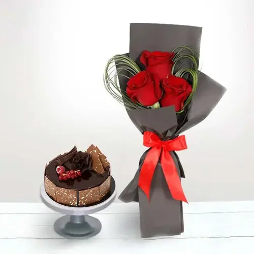 Red roses bouquet and fudge cake for flowers & cake delivery in Dubai, UAE
