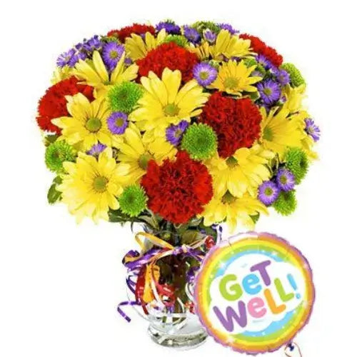 Get Well Soon bouquet featuring red carnations, yellow daisies, and a helium balloon – Giftshop UAE.