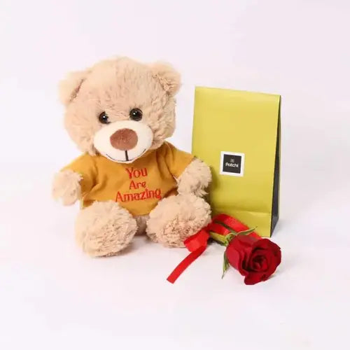 Patchi Chocolates Gift Basket with a Red Rose and Teddy Bear