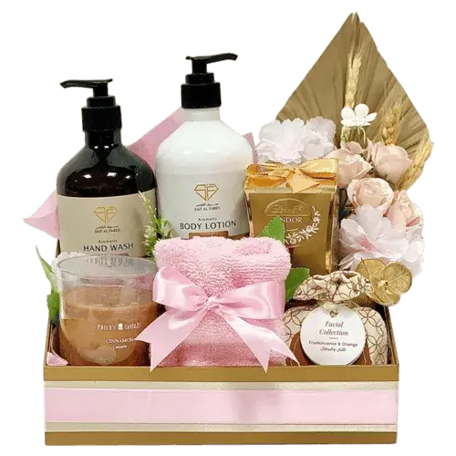 Luxury gift box for her with chocolates, candle, and bath essentials – available in Dubai, UAE from Giftshop.ae