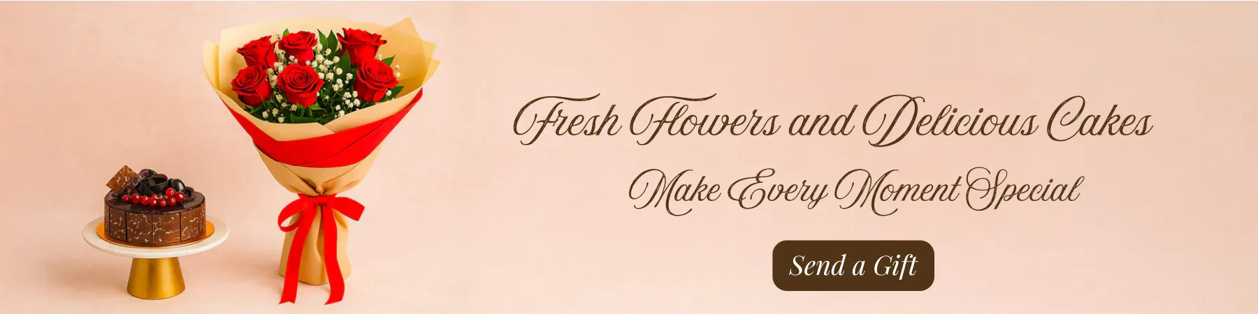 Fresh flowers and cake gift banner from the best gift shop in Dubai, UAE - Giftshop.ae