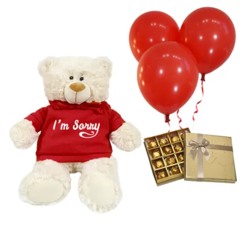 I'm Sorry gift set with teddy bear, chocolates, and red balloons – available in Dubai, UAE from Giftshop.ae
