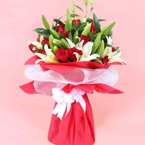 Impressive Lily Lady Bouquet with White Lilies and Red Roses