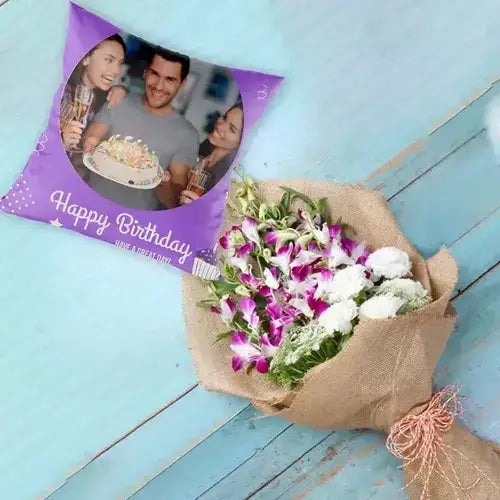 Carnations and Orchid Bunch with Personalized Cushion