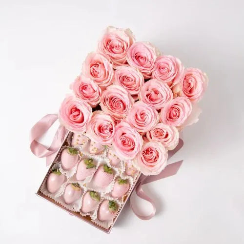 Pink roses and chocolate strawberries UAE