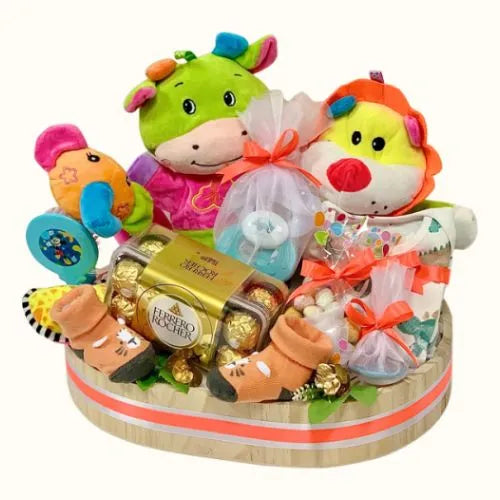 Baby gift box with romper, socks, and chocolates UAE