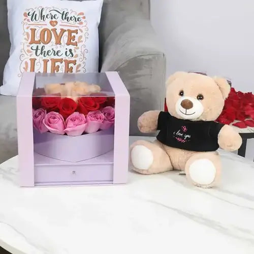 Heart-shaped box with roses and chocolates in Dubai, UAE