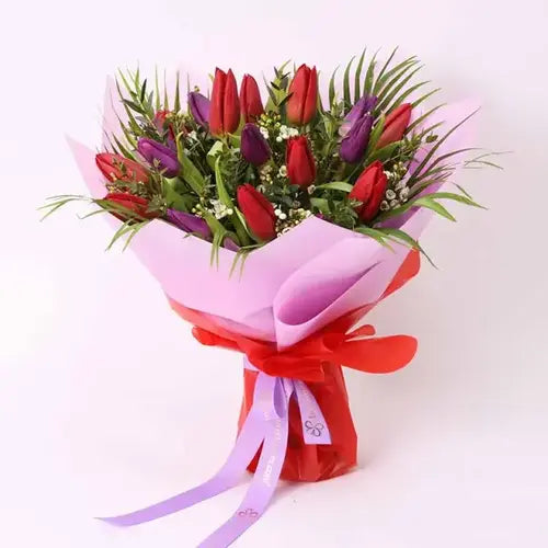 Red and Purple Tulips with Ferrero Rocher Gift Set