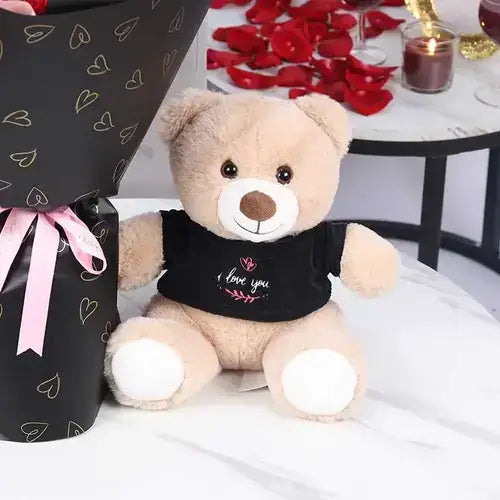I Love You Teddy Bear with Red Roses and Pink Carnations