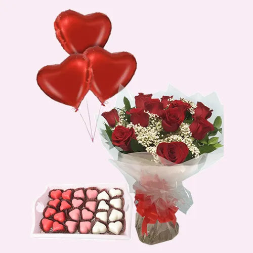 Hearty love combo with roses, chocolates, and balloons – romantic gift delivery in UAE from Giftshop.ae