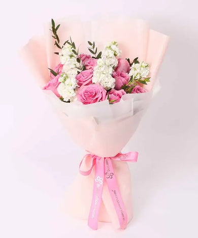 Blush & Bliss: Pink Roses & Stock Bouquet (giftshop.ae)