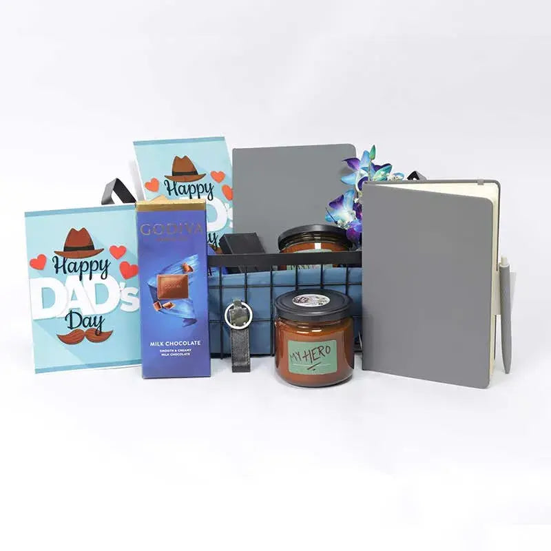 A beautifully wrapped Father's Day gift hamper