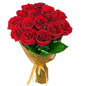 Bouquet of 10 red roses with baby's breath and fern leaves in red wrapping (Romantic Flowers Dubai - giftshop.ae).