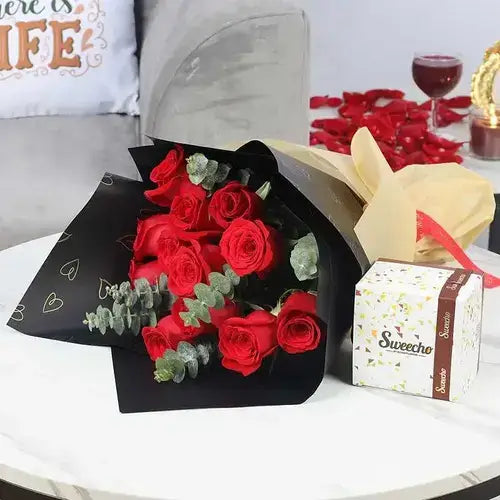 11 Red Roses Bouquet with Sweecho Chocolates 250g - Flower and Chocolate Combo in UAE