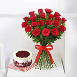 Gift basket with 21 red roses & red velvet cake. Express love with flower & cake delivery UAE.