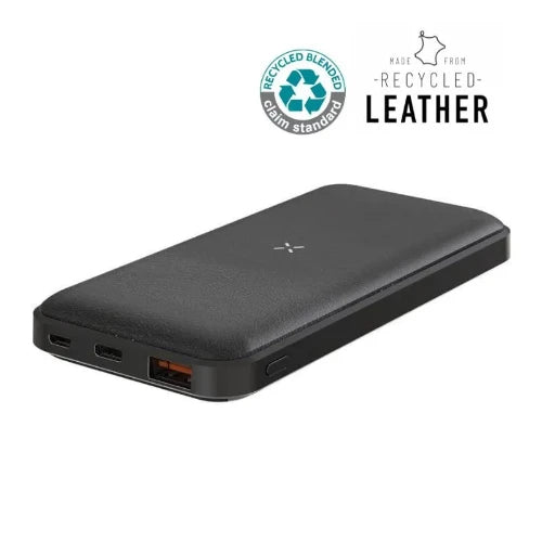 Recycled leather power bank with 10,000mAh capacity, featuring PD fast charging and wireless charging.