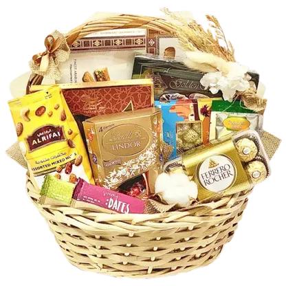 Photo of a beautiful handwoven market basket overflowing with a variety of Arabic sweets, chocolates, dates, and nuts, perfect for a gift