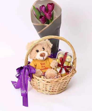 Purple tulips, chocolates, and teddy bear gift set UAE