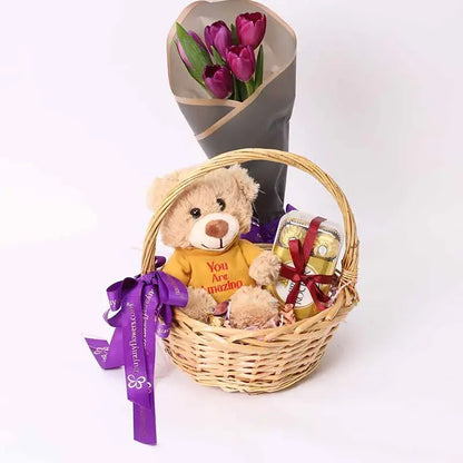 Purple tulips, chocolates, and teddy bear gift set UAE