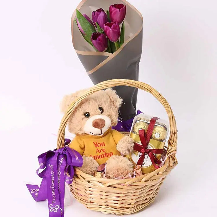 Delight Someone Special: Explore Royal Treatment - Tulips, Chocolates & Teddy Bear.