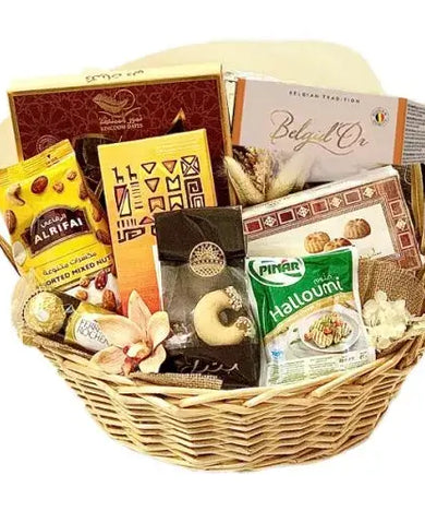 a beautifully presented A Taste of Arabia Gourmet Gift Basket, filled with dates, chocolates, nuts, cheese, and other treats