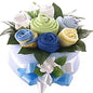 Baby boy gift bouquet with romper suits, bib, towel, bonnet, sleep suit, blanket, greenery, and flowers. 