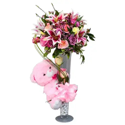  Pink, purple & peach rose bouquet with lilies, pink teddy bear & pearls in vase (Charming Lady Bouquet Dubai - giftshop.ae)