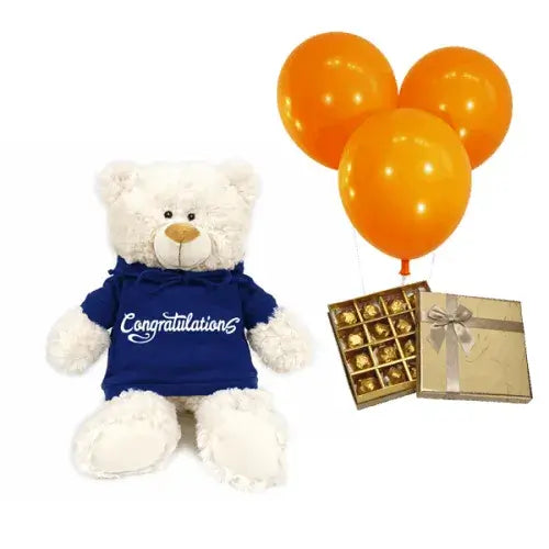 Gift basket with blue or pink teddy bear, box of chocolates, and 3 helium balloons (Congratulations Hamper Dubai - giftshop.ae)