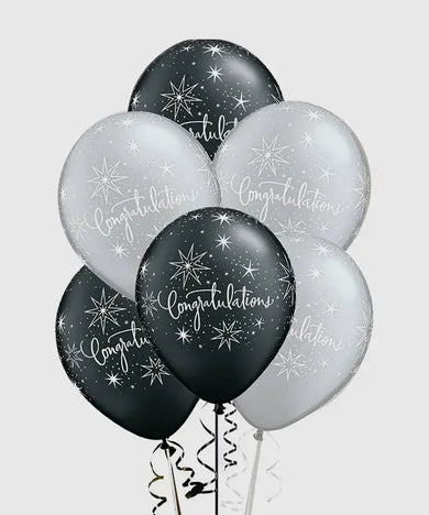  Six black and silver congratulations balloons filled with helium, ideal for party decorations.