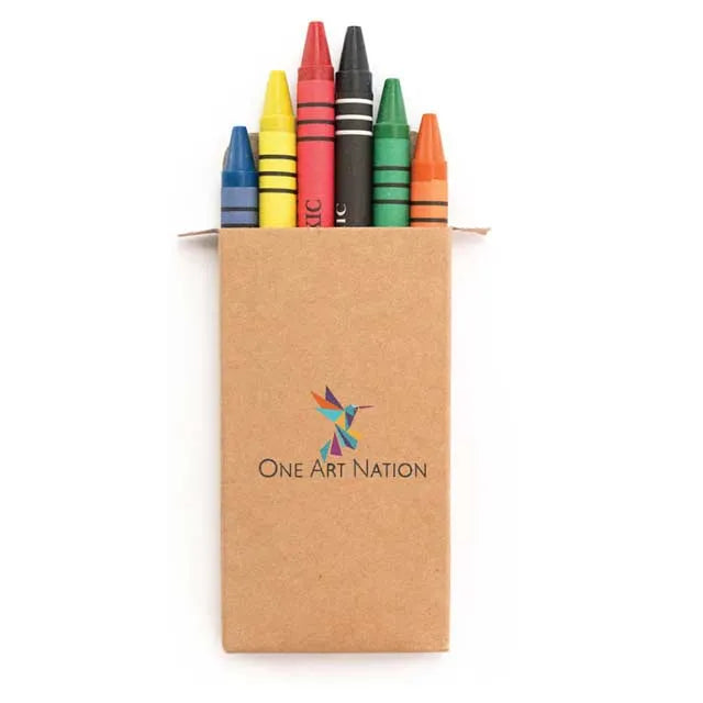 A set of 6 colorful crayons in a natural cardboard box. Perfect for eco-conscious kids who love to create.