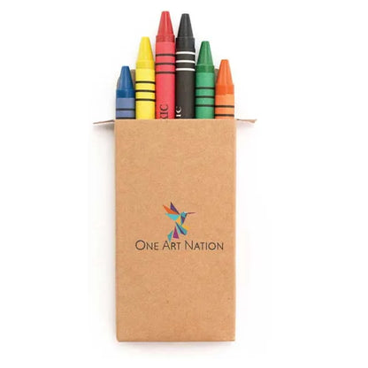 A set of 6 colorful crayons in a natural cardboard box. Perfect for eco-conscious kids who love to create.