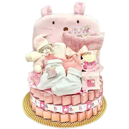 Pink or blue baby gift set with plush toy, booties, bonnet, pillow, towel, romper & Belgian chocolates. 