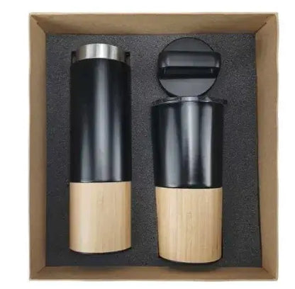 Black cardboard gift box containing black stainless steel tumbler and flask.