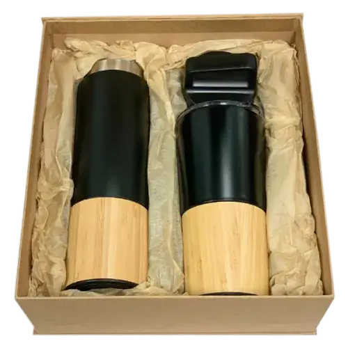 Black cardboard gift box containing black stainless steel tumbler and flask.