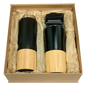 Black cardboard gift box containing black stainless steel tumbler and flask.